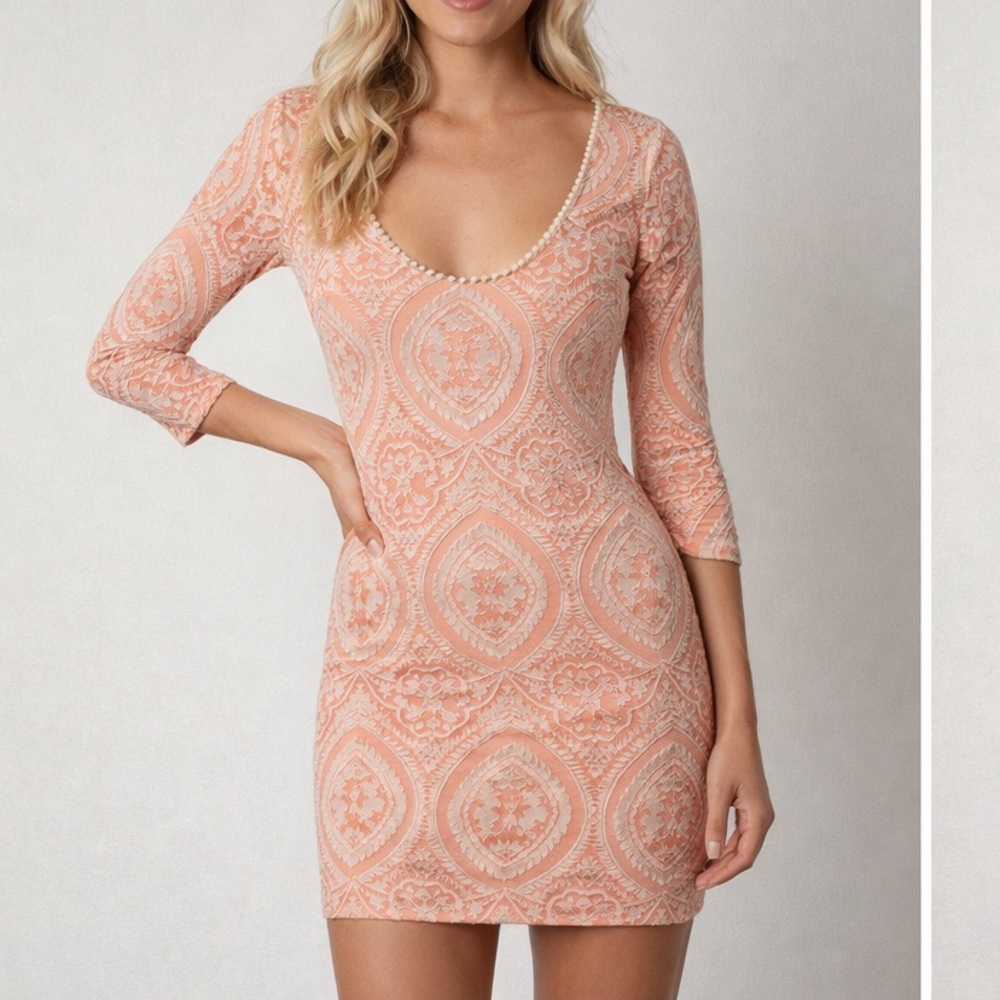 Free People Half Sleeve Sheath Mini Dress Women M Pink Nude Fitted Cotton Blend